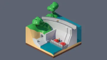 3D low poly modern hydroelectric dam with curved concrete structure, water flow, green hills, trees, and renewable energy infrastructure