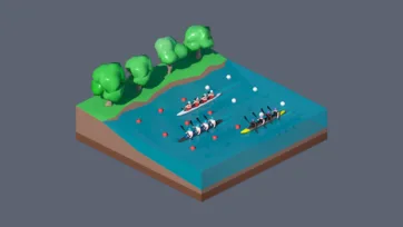3D low poly competitive kayaking race with multiple boats, forest shoreline, buoys, and water sports competition in natural river setting