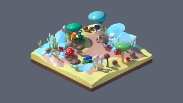 3D low poly magical fairy garden with colorful mushrooms, tiny creatures, whimsical plants, and enchanted miniature fantasy landscape