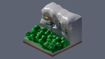 3D low poly mountain glacier campsite with tents, forest trees, alpine environment, and outdoor wilderness expedition base camp
