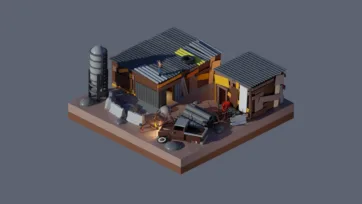 3D low poly abandoned industrial complex with metal buildings, smokestacks, rust, decay, and post-apocalyptic urban wasteland atmosphere