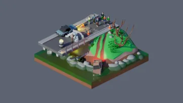 Low poly 3D isometric zombie apocalypse scene with survivor shooting zombies, chaos and destruction - part of Worlds Casual pack