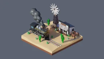 3D low poly Old West frontier railway station with steam locomotive, windmill, desert town, cacti, and Wild West transportation hub
