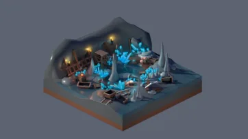 3D low poly underground crystal mine with blue gems, mining carts, torches, tunnels, and subterranean treasure extraction operations