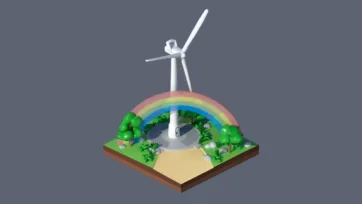 3D low poly renewable energy landscape with wind turbine, rainbow, green vegetation, and sustainable environmental technology demonstration