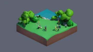 Low poly 3D isometric outdoor art scene with artists painting nature, easels and train station - part of Worlds Casual pack