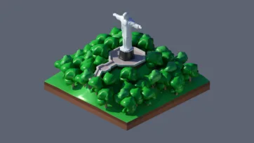 3D low poly famous Christ the Redeemer statue surrounded by lush green forest on mountain plateau in Brazilian landmark environment