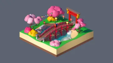 3D low poly Japanese cherry blossom garden with pink flowering trees, red bridge, stream, lanterns, and traditional peaceful park setting