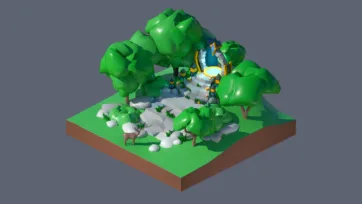 3D low poly fantasy crystal cave with glowing blue gems, mining equipment, magical underground cavern, and treasure hunting adventure scene