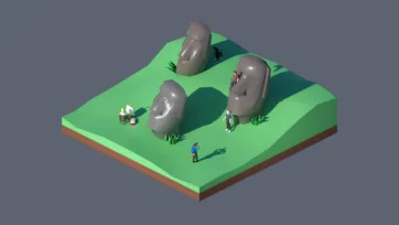 3D low poly Easter Island landscape with iconic moai stone heads, tourists, grass terrain, and Polynesian archaeological site environment