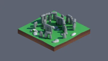 3D low poly ancient Stonehenge monument with stone circle, grass field, and mysterious prehistoric megalithic structure in countryside setting