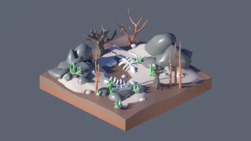 3D low poly paleontology fossil site with excavation area, skeletal remains, bare trees, rocks, and archaeological dig scene for educational games