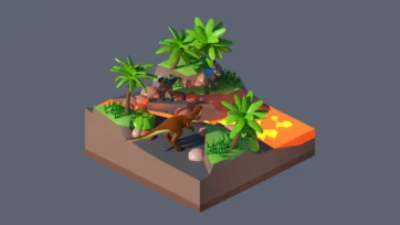3D low poly prehistoric dinosaur scene with lava flow, palm trees, volcanic landscape, and various dinosaur species in ancient Jurassic environment