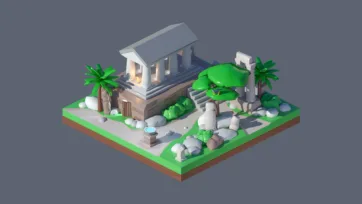 3D low poly ancient temple complex with classical architecture, palm trees, stone columns, ruins, and historical archaeological exploration site