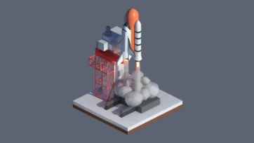 3D low poly space rocket launch pad with shuttle, support tower, exhaust flames, and aerospace engineering facility for space missions