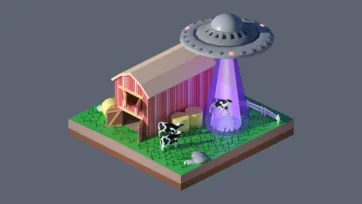 3D low poly alien UFO abduction scene with flying saucer, tractor beam, farm barn, cows, and science fiction countryside encounter