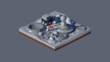 3D low poly lunar surface base with astronauts, space vehicles, communication equipment, and moon exploration mission environment