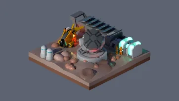 3D low poly futuristic space mining facility with rovers, solar panels, communication equipment, and extraterrestrial industrial operations on alien planet