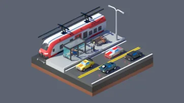 Low poly 3D isometric train station scene with red passenger train, platform, cars and road - part of Worlds Casual pack