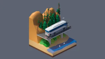 3D low poly mountain sightseeing bus with passengers crossing bridge through forested valley landscape and nature tourism