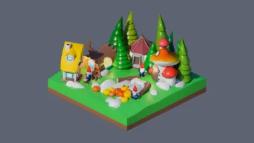 3D low poly fairy tale gnome village with colorful mushroom houses, forest trees, garden gnomes, and whimsical fantasy woodland setting