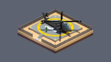 3D low poly military helicopter landing pad with aircraft, personnel, security fencing, and tactical operations base facility