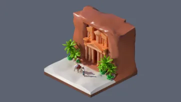 3D low poly ancient Greek temple ruins with classical columns, palm trees, statues, and Mediterranean archaeological site environment