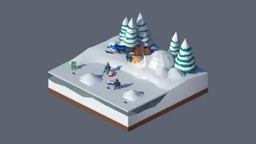 3D low poly arctic expedition campsite with snow-covered evergreen trees, snowmobiles, igloo shelter, and winter survival adventure scene
