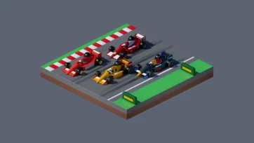 3D low poly Formula One racing circuit with colorful race cars, track barriers, and high-speed motorsport competition environment
