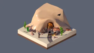 3D low poly desert mining operation with cave entrance, railway tracks, mining equipment, and industrial extraction site in canyon setting