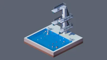 3D low poly competitive swimming pool complex with diving platforms, lanes, swimmers, and aquatic sports facility architecture