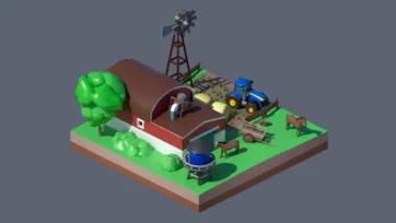 Low poly 3D isometric farm scene with red barn, windmill, tractor, crops and livestock - part of Worlds Casual pack