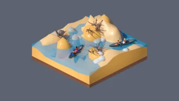 3D low poly desert scene with boats stranded in sand dunes and arid wasteland for adventure exploration games