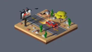 3D low poly desert highway scene with road, car, cacti, rock formations, birds flying overhead, and southwestern landscape environment