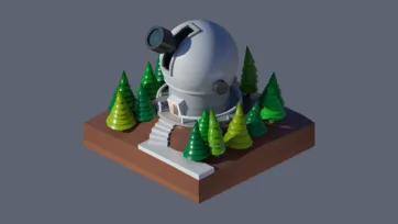 3D low poly astronomical observatory with large telescope dome surrounded by evergreen trees in mountainous forest setting for stargazing scenes