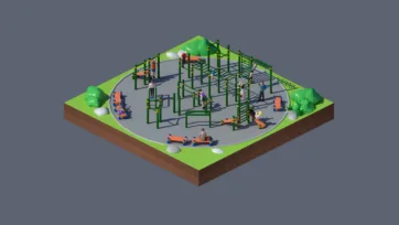 3D low poly outdoor fitness gym with exercise equipment, workout bars, training apparatus, and people exercising in park environment