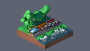 Low poly 3D isometric cycling race scene with cyclists, trees, road and spectators - part of Worlds Casual pack