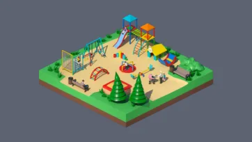 3D low poly children's playground with colorful play structures, slides, swings, sandpit, families, and park recreation equipment