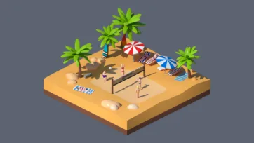 3D low poly tropical beach volleyball scene with sandy court, palm trees, players, umbrellas, and recreational beach sports activities
