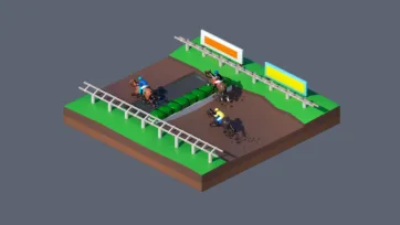 3D low poly equestrian horse racing track with jockeys on horseback, racing rails, grandstand, and competitive sporting event scene