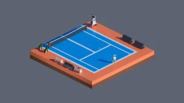 3D low poly professional tennis court with clay surface, net, players, seating, and tournament sports facility environment