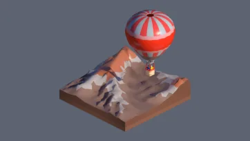 3D low poly hot air balloon adventure scene with striped balloon floating over mountainous desert landscape in isometric perspective