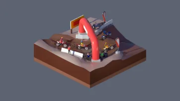 3D low poly extreme motocross track with dirt bikes, ramps, jumps, spectators, and action sports competition environment