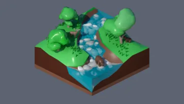 3D low poly natural mountain waterfall scene with cascading water, lush green vegetation, rocks, and scenic wilderness landscape