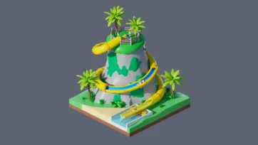 3D low poly tropical water park with palm trees, colorful tube slides, pools, and family recreation facilities in resort environment
