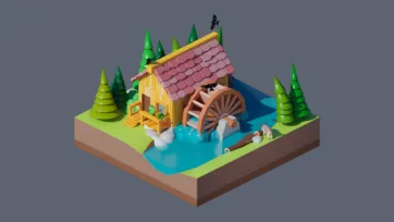 3D low poly historic watermill scene with wooden building, water wheel, stream, farm animals, and traditional rural countryside setting