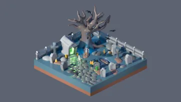3D low poly spooky graveyard scene with tombstones, bare dead tree, fence, and horror atmosphere for Halloween game environments