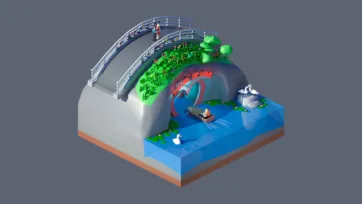 3D low poly romantic bridge scene with curved walkway, garden landscape, swans, heart decorations, and Valentine's Day theme