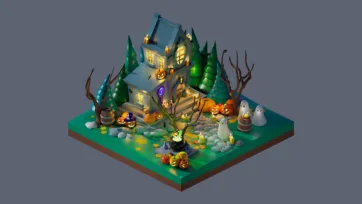 3D low poly spooky Halloween mansion with haunted house, jack-o'-lanterns, ghosts, witches cauldron, and supernatural elements in dark forest