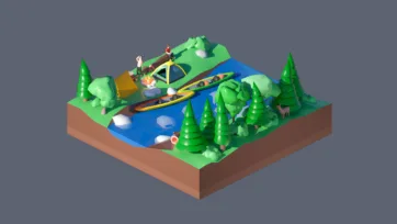 3D low poly river kayaking scene with paddlers, kayaks, forest trees, and outdoor water sports activities in natural setting